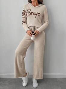 SHEIN LUNE 2 件套女士休闲撞色字母图案连帽衫和纯色裤子套装，秋冬 - 杏色 - 查看 7
