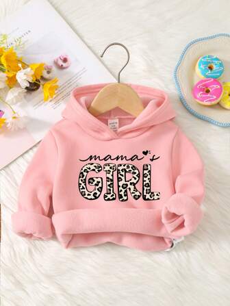 SHEIN Baby Girls Casual Simple Letter & Leopard Print Loose Knit Soft Pullover Hoodies, Thicken For Leisure,In Fall/Winter