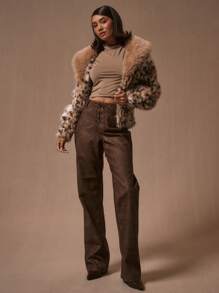 MUSERA Leopard Pattern Contrast Faux Fur Coat Winter Evening - Multicolor - View 5