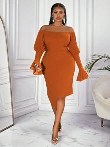 Slaydiva Plus Size Women's Elegant Sexy Off-Shoulder Ruffled Sleeve Solid Color Bodycon Dress - Rust Brown - View 2