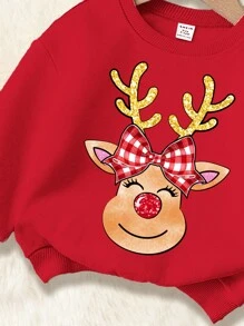 SHEIN Christmas, Cute Deer Graphic, Young Girls Casual Comfortable Thick Long Sleeve Knitted Sweatshirt Pullover, Suitable For Autumn/Winter