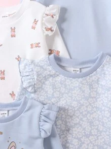 4pcs Baby Girl Cute Creative Design Round Neck Ruffle Trim Long Sleeve Top Set - Multicolor - View 3