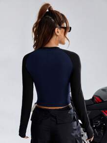 SHEIN EZwear Letter Patched Detail Contrast Raglan Long Sleeve Crop Tee