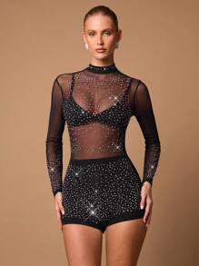 SHEIN BAE ชุดห่มคอปิด แขนยาวโปร่งประดับคริสตัล โรมเปอร์, จั๊มพ์สูทแนบรัดประดับคริสตัลอย่างสง่างาม, จั๊มพ์สูทสีเขียวขี้ม้าของผู้หญิง เหมาะสำหรับโอกาสเป็นทางการ งานปาร์ตี้และการรวมตัว - สีดำ - ดู 5