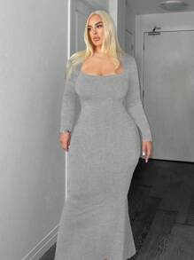 SHEIN SXY Plus Size Elegant Minimalist Solid Color Square Collar Mermaid Hem Fitted Dress, Spring/Autumn - Dark Grey - View 4