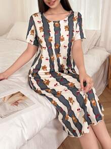 Dream Adore Cute Bear Striped Print Short Sleeve T-Shirt Nightgown Babydoll For Women Holidayseason