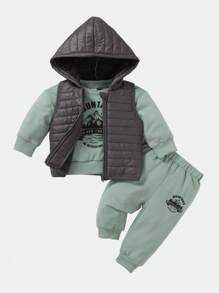 SHEIN 3 件套男婴秋冬保暖套装：黑色连帽背心、浅绿色针织运动衫和运动裤 - 时尚与舒适的完美结合，男婴服装 - 綠色 - 查看 1