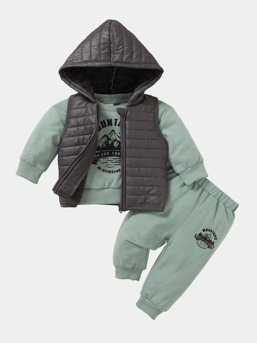 SHEIN 3 件套男婴秋冬保暖套装：黑色连帽背心、浅绿色针织运动衫和运动裤 - 时尚与舒适的完美结合，男婴服装 - 綠色 - 查看 1