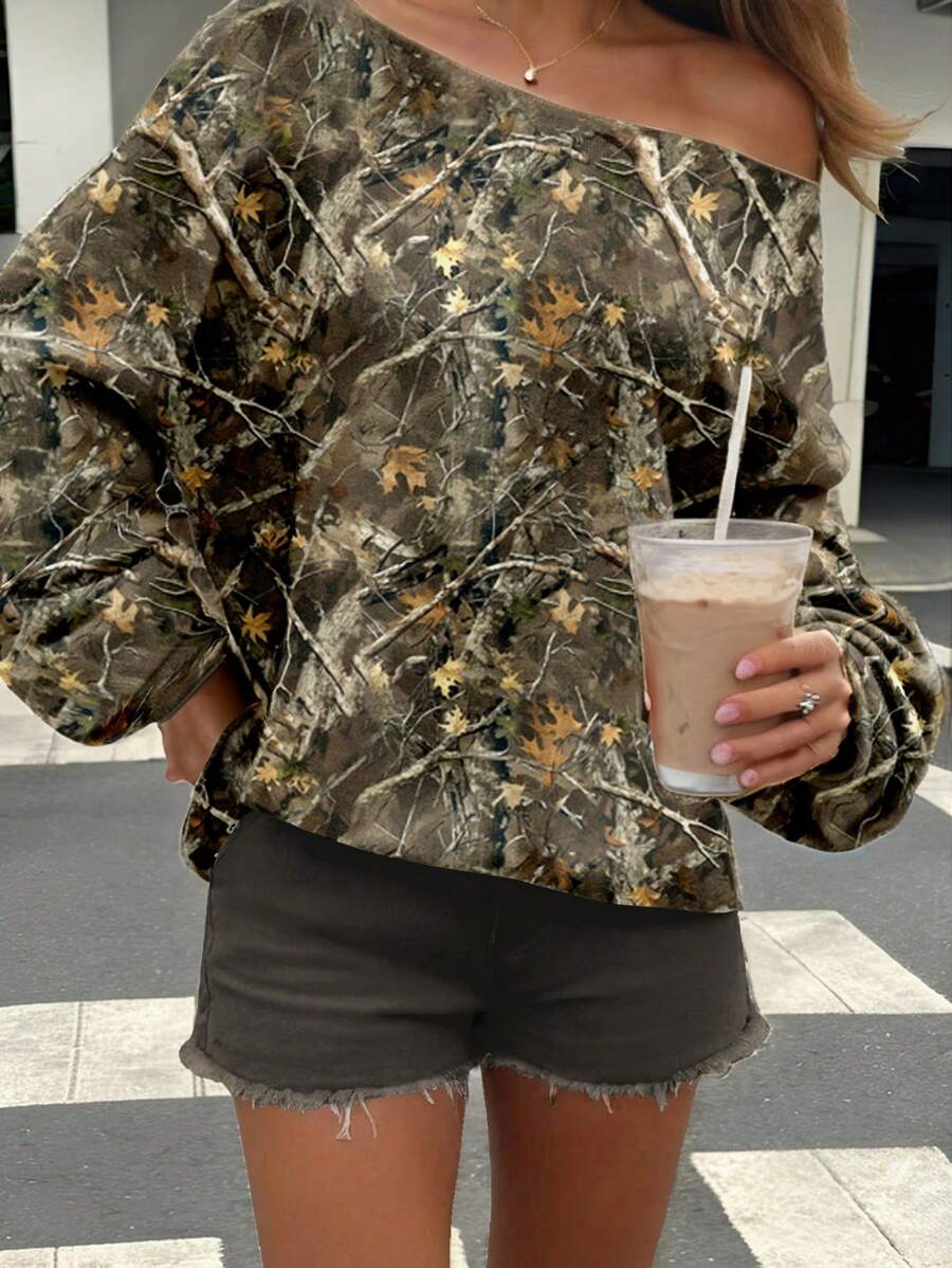 SHEIN EZwear 女士露肩宽松枝叶印花轻质长袖运动衫，适合秋季 - 白色 - 查看 1