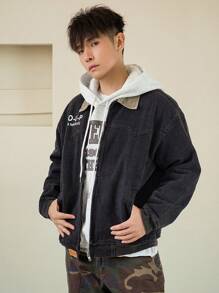 DAZY Chaqueta vaquera informal con estampado de letras para hombres, otoño - Gris Oscuro - Ver 3