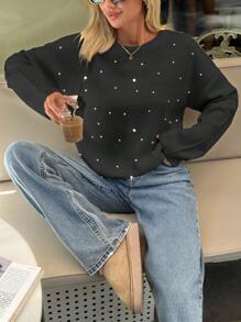 EURMUSE Woman Loose Fit Comfy Warm Rhinestones Detailed Sweater - Black - View 6