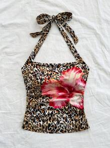 Soleia Women's Leopard & Floral Print Halter Neck Back Tie Tank Top,Beige Summer Boho Vacation Holiday Wear,Hippie Mermaid Top For Party Fall Christmas - Multicolor - View 2
