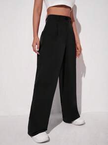 SHEIN EZwear Pantalones rectos de pierna casual y unicolor negro - Negro - Ver 5