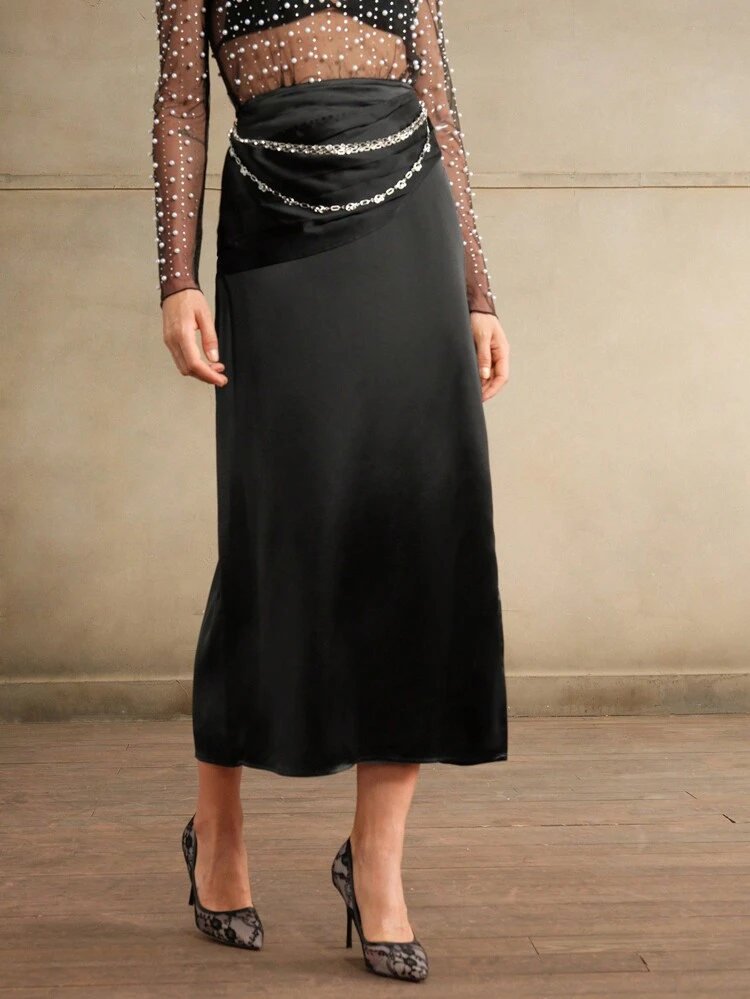 Metallic Chain Satin Pleated Waist Skirt For Women, Stylish