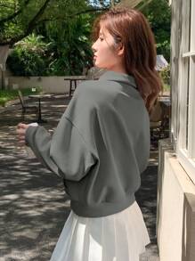 DAZY Women Casual Solid Drop Shoulder Loose Polo Neck Big Pocket Sweatshirt For Spring And Autumn,Fall Women Clothes - Grey - View 5