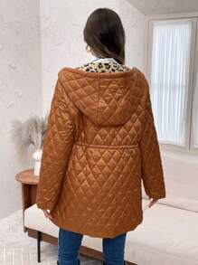 EMERY ROSE Women's Drawstring Waist Zip-Up Quilted Hooded Coat - Brown - View 2