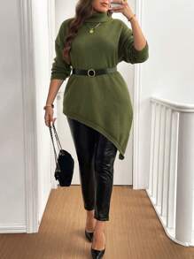 Flirla Plus Size Solid Color Simple Casual Asymmetrical Hem Knitted Pullover Sweater, Winter Fall - Army Green - View 6