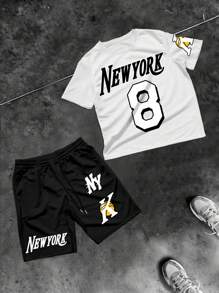 Manfinity Sporsity Plus Size Men Letter & Number Graphic T-Shirt And Shorts Set