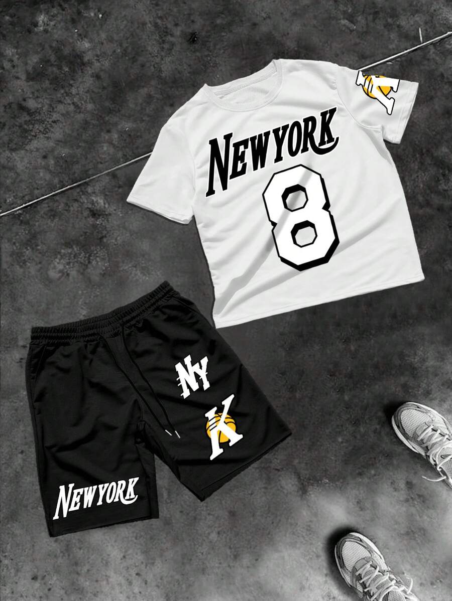 Manfinity Sporsity Plus Size Men Letter & Number Graphic T-Shirt And Shorts Set