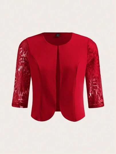 SHEIN Clasi 女士优雅圆领七分蕾丝拼接粉色外套，秋冬款