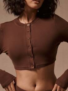 MUSERA Blusa corta con botones, de manga larga, para uso casual en primavera y verano, ideal para vacaciones - Marrón Chocolate - Ver 5