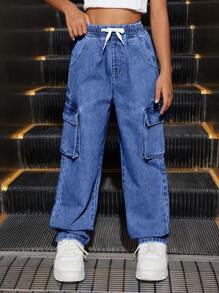Tween-Mädchen Cooles Set aus Federmäppchen und Hose aus Denim im Used-Look