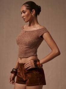 MUSERA Bardot Knit Crop Top Vacation Spring Summer Holiday - Coffee Brown - View 2