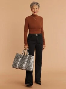 SHEIN LUNE 1pc Fashion Granny Brown Tight Fitted Warm T-Shirt For Women