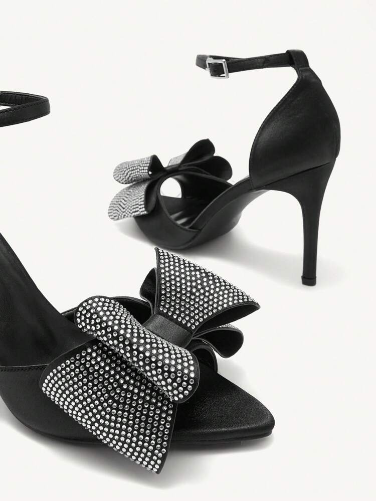 CUCCOO CHICEST Black Pointed Toe High Heels With Rhinestone Decor Bowknot Heeled Sandals For Women Valentine Day