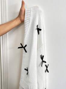 SHEIN EZwear Plus Size Color Block Bow Decor Loose Front Open Cardigan, Casual Everyday Wear, Autumn/Winter