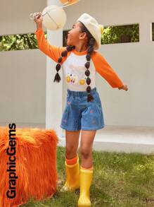 2pcs/Set Young Girl' Cartoon Squirrel & Hedgehog Print Crew Neck Raglan Sleeve T-Shirts - Orange - View 9