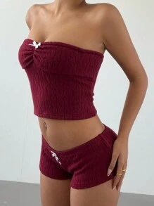 Aloruh Women 2pcs, Fall Suit, Ancora Red Suit, Simple Elegant Hottie Young Girl Y2K Suit, Party Home Suit, Christmas Suit, Burgundy Knitted Vest + Mini Shorts, Daily Casual Sports Street Knitted Suit, 2pcs Christmas Wine Red Bandeau With Bow Decor Shorts Set For Women