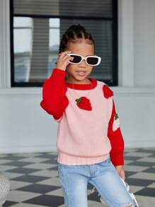SHEIN Young Girl Handmade 3D Strawberry Patterned Cute Stylish Elegant Versatile Knitted Sweater, Suitable For Autumn/Winter Outdoor, Party, Simple Niche Personalized Sweater, Pink Knit Top - Pink - View 6