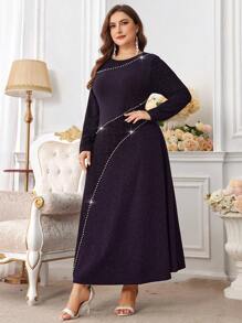 Modelyn 女士大码珍珠装饰腰部修身闪亮拼接连衣裙，优雅束腰阿拉伯连衣裙，适合晚会/婚礼嘉宾/周年纪念 - 紫色 - 查看 6