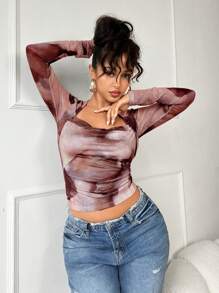 SHEIN SXY Autumn Outing Tops Mesh Tie-Dye Women's T-Shirtgraphic Tees Women - Brown - View 3