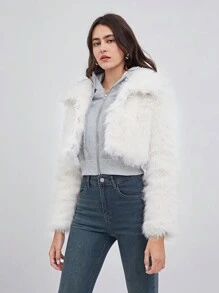SHEIN EZwear Solid Hook And Eye Placket Fuzzy Coat - White - View 6