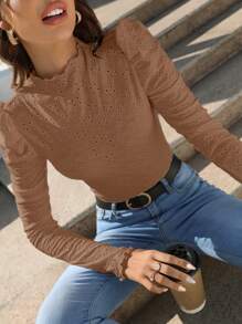 SHEIN Frenchy 1 件休闲纯色镂空刺绣羊腿袖修身 T 恤，秋季 - 棕色 - 查看 3