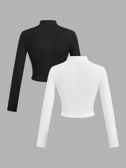 Slaydiva 2 Stücke Damen einfache lässige Langarm T-Shirts mit V-Ausschnitt und halbem Reißverschluss für Herbst-Winter, weiß und schwarz