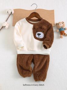 Cozy Pixies 2 件装男婴卡通熊图案拼色插肩圆领套头衫和慢跑裤套装 - 咖啡棕 - 查看 3