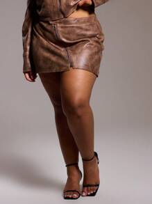 MUSERA Plus Size Faux Leather Zip Up Mini Skirt For Going Out, Sexy, Club, Party, Date Night, Vacation, Holiday, Rave, Concert, Ibiza, Festival