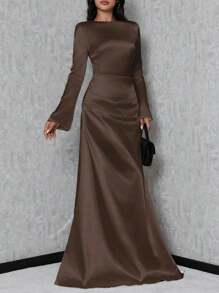 SHEIN Tall Women's Trumpet Sleeve Mermaid Dress - Brown - View 4