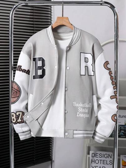 SHEIN 青少年男孩时尚休闲撞色拼接字母印花夹克