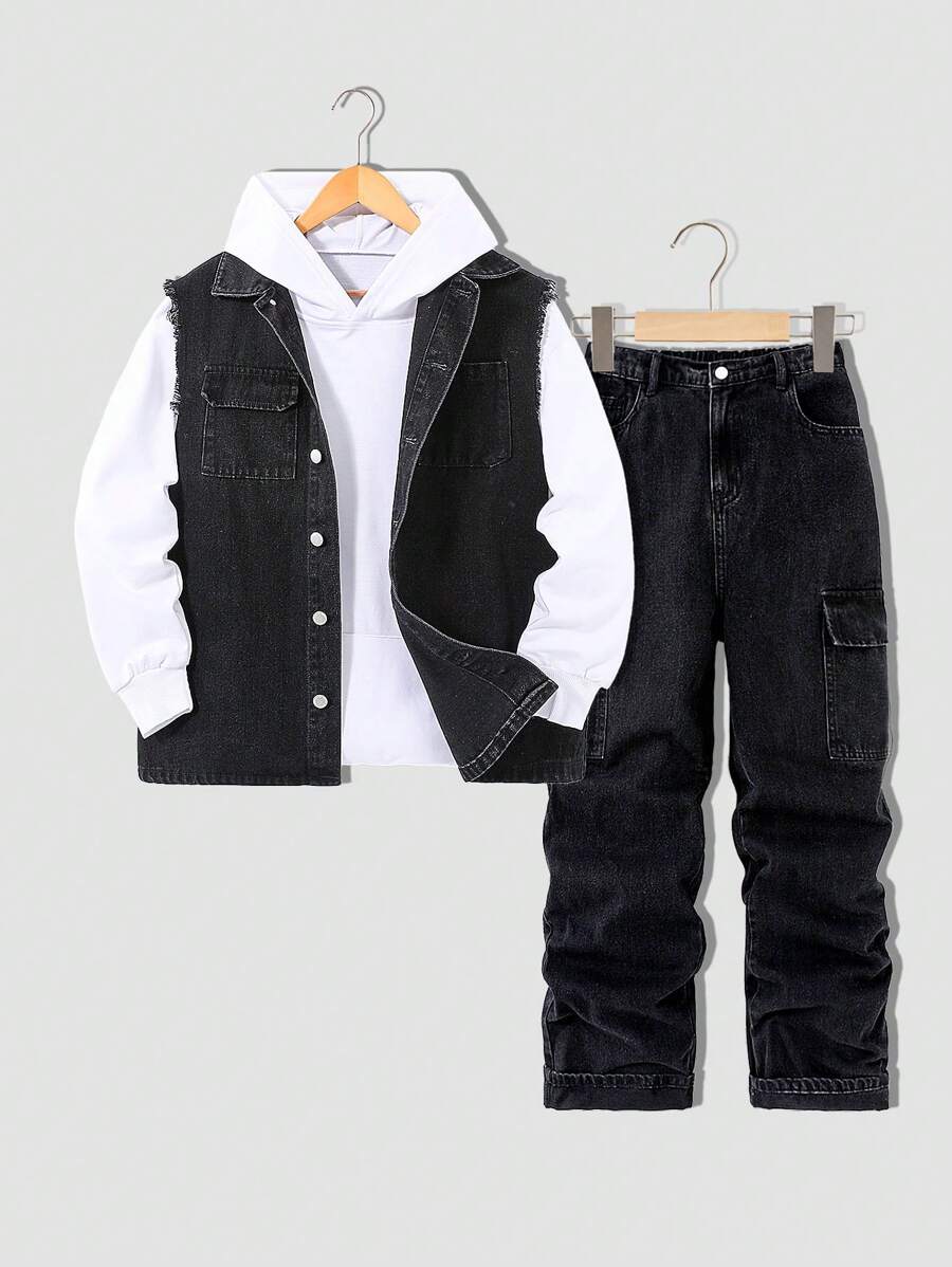 SHEIN 青少年男孩 2 件时尚休闲黑色牛仔口袋设计无袖背心和宽松舒适大口袋直筒牛仔裤,适合日常穿着和秋冬季青少年男孩服装 - 黑色 - 查看 1