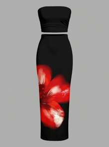 Slaydiva 2 件套：休闲简约花卉绘画印花抹胸和女式紧身裙 - 彩色 - 查看 2