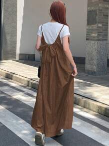 DAZY 女士简约系带休闲连衣裙，适合户外旅行 - 駝色 - 查看 5