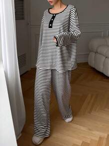 DAZY 1 conjunto Pijama casual con abertura parcial y forro térmico con estampado de rayas, de invierno