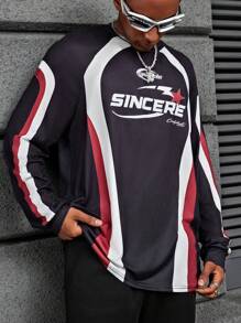 Manfinity Dauomo Men's Round Neck Long Sleeve Solid Color Patchwork Letter Print Casual T-Shirt