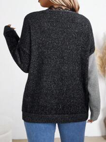 Suéter holgado de punto con bloqueo de color, encaje y cuello caído para uso diario informal en tallas grandes, para otoño/invierno