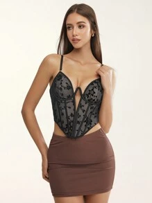 Glamine Women Floral Mesh Lace Asymmetric Hem Sexy Fitted Camisole Top,Black Lace Corset,Sexy Women Outfits,Black Corset Top,Going Out Tops