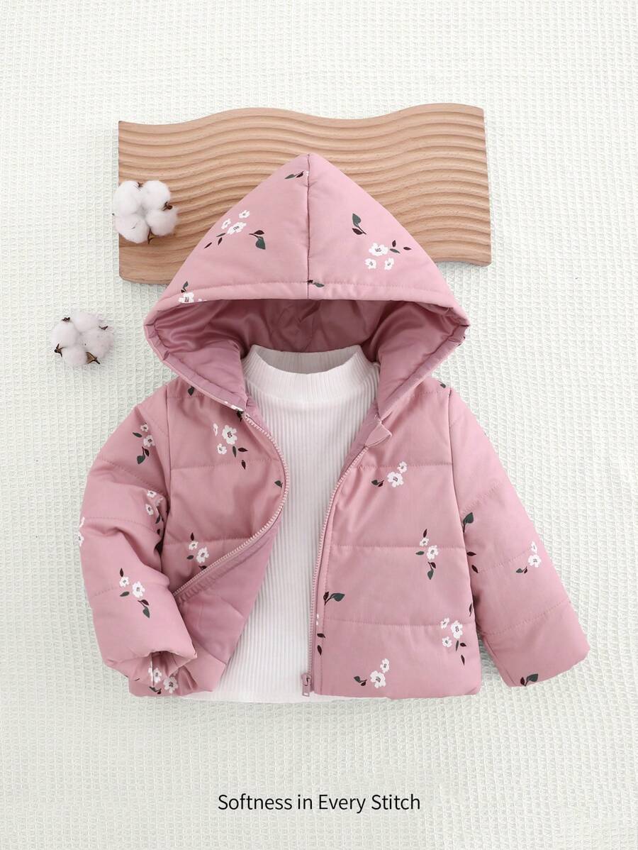 Cozy Pixies Baby Girl Casual Versatile Floral Pattern Hooded Long Sleeve Thick Jacket - Pink - View 1